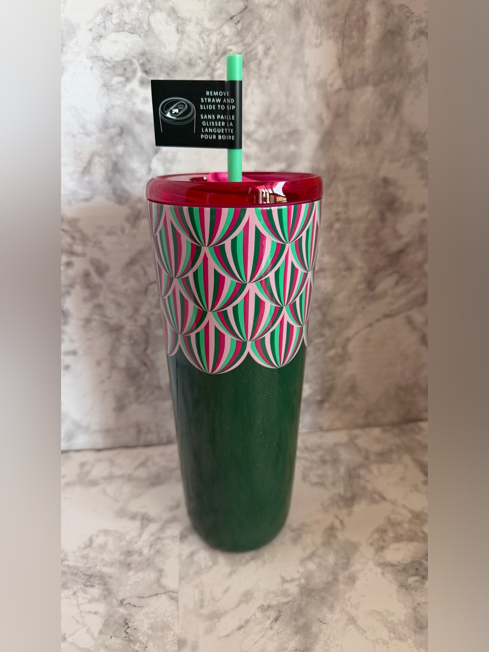 Starbucks Green Tumbler with Pink and White Pattern and Red Lid